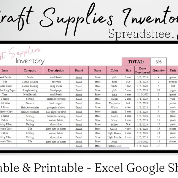 Craft Supplies Inventory Tracker Excel Spreadsheet Crafts Organization, Craft Supplies Stash, Craft Business Template Editable Google Sheets