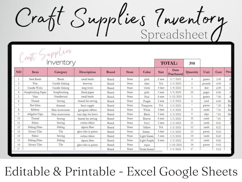 Craft Supplies Inventory Tracker Excel Spreadsheet Crafts Etsy
