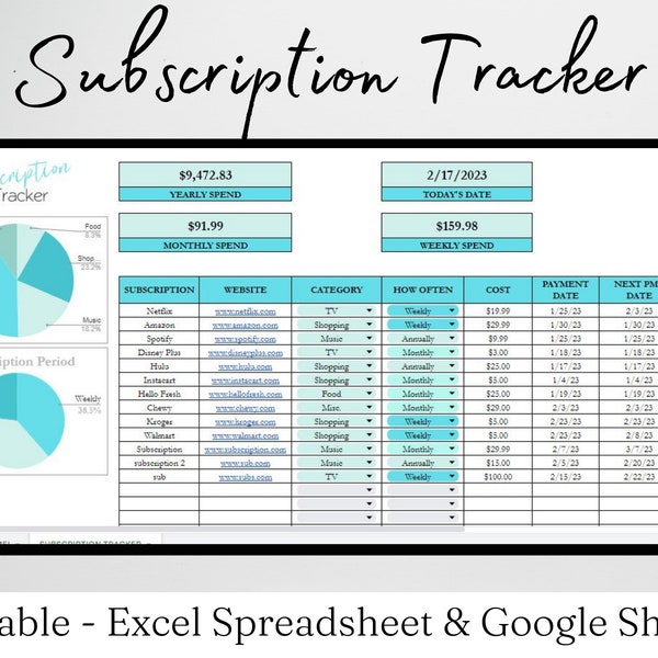 Subscription Tracker Excel Spreadsheet, Subscriptions Tracker Google Sheets, Subscription Tracker Google Spreadsheet, Google Docs, Monthly
