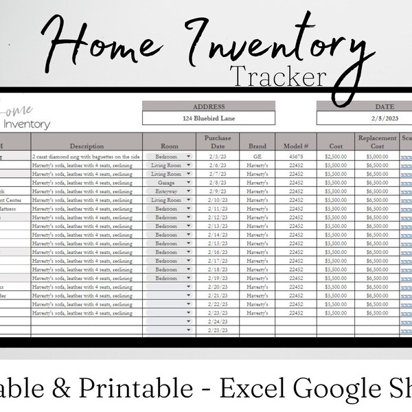 Home Inventory Tracker, Home Inventory Template, Home Inventory Checklist Home Inventory Spreadsheet Personal Property Valuables Spreadsheet