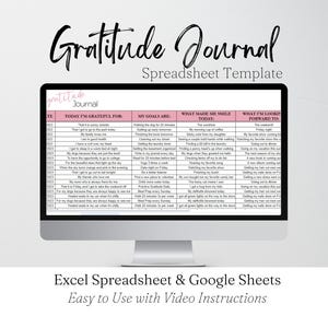 Modèle de journal de gratitude, feuille de calcul Excel, journal de pleine conscience, amour des soins personnels, planificateur de gratitude, feuilles numériques Google, liste de réflexion