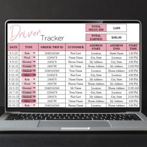May include: A laptop screen displaying a "Driver Tracker" spreadsheet with pink accents. The spreadsheet includes columns for date, type, order ID, customer, address, and start time. The total miles/km is 2,688, and the total earned is $381.00.