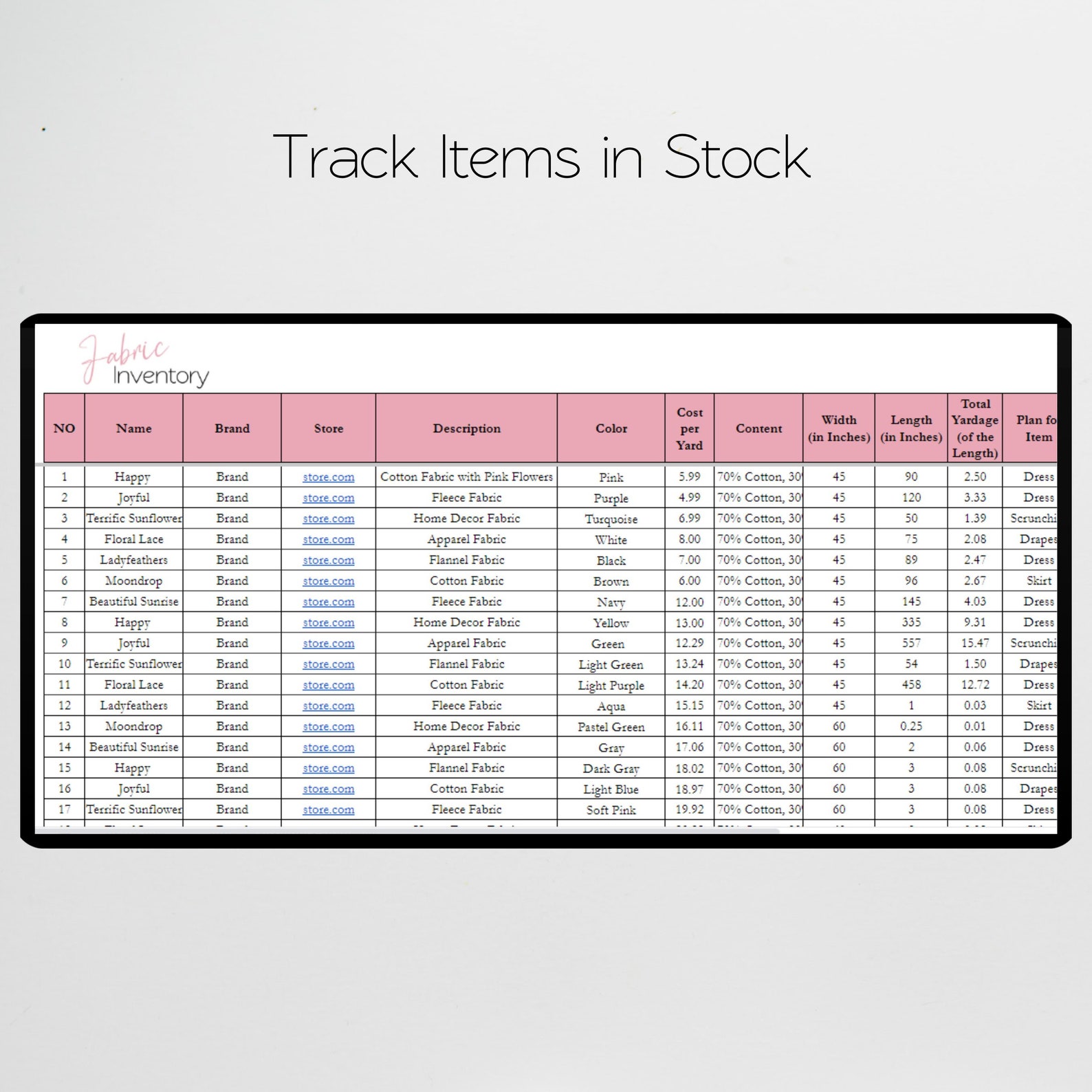 Textile Inventory Fabric Inventory Tracker Excel Spreadsheet, Sewing Organizer, Fabric ...