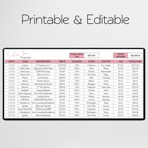 May include: A printable sales tax tracker spreadsheet with columns for date, item, description, price, tax rate, state, county, tax, and total cost. The spreadsheet includes a total sales tax of $371.30 and a total income of $5,144.63.