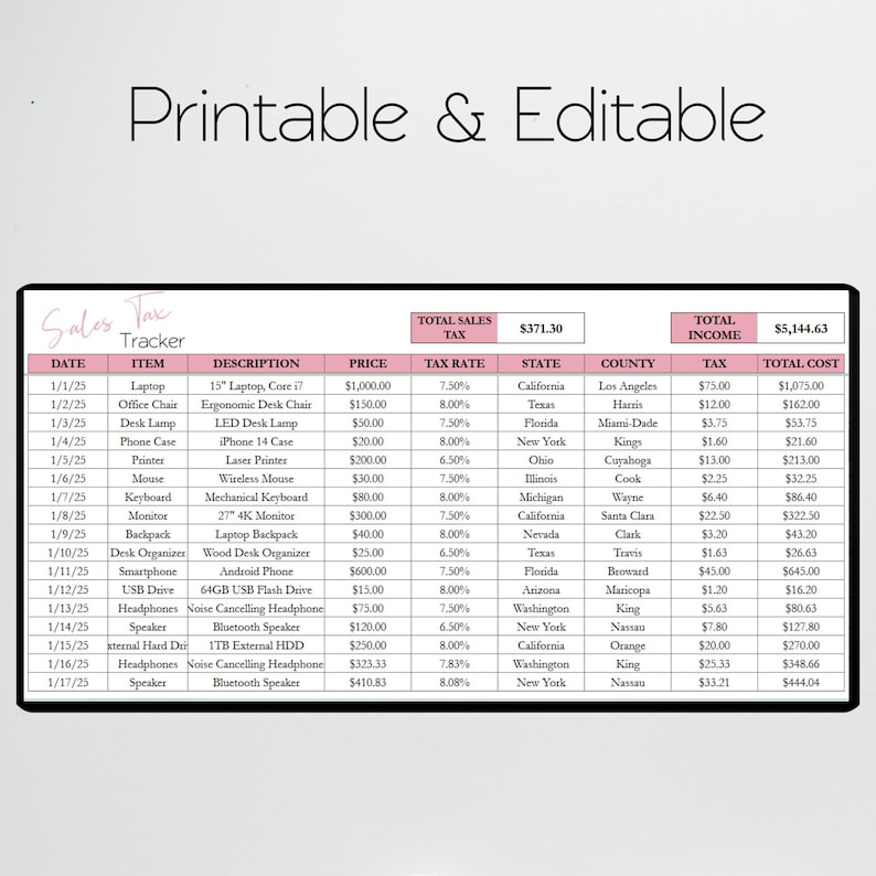 May include: A printable sales tax tracker spreadsheet with columns for date, item, description, price, tax rate, state, county, tax, and total cost. The spreadsheet includes a total sales tax of $371.30 and a total income of $5,144.63.