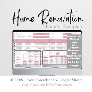 Home Renovation Planner Excel Spreadsheet, Home Improvement, Home Remodel Planner Budget, Home Project Planner Interior Design Google Sheets