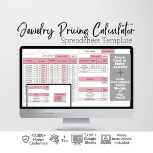 May include: A digital jewelry pricing calculator spreadsheet template displayed on a computer monitor. The interface features pink and white tables for tracking supplies, preparation, and shipping costs, with text including Jewelry Pricing Calculator.