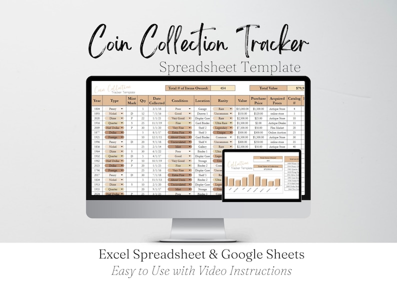 May include: A computer monitor displays a coin collection tracker spreadsheet template. The text "Coin Collection Tracker" is at the top. The spreadsheet is for Excel and Google Sheets, and is easy to use with video instructions.