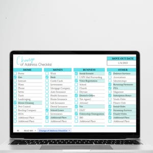 May include: A digital Change of Address Checklist displayed on a laptop screen. The document is organized into four columns labeled Home, Money, Business, and Other, with various items listed under each category and several checkboxes marked.