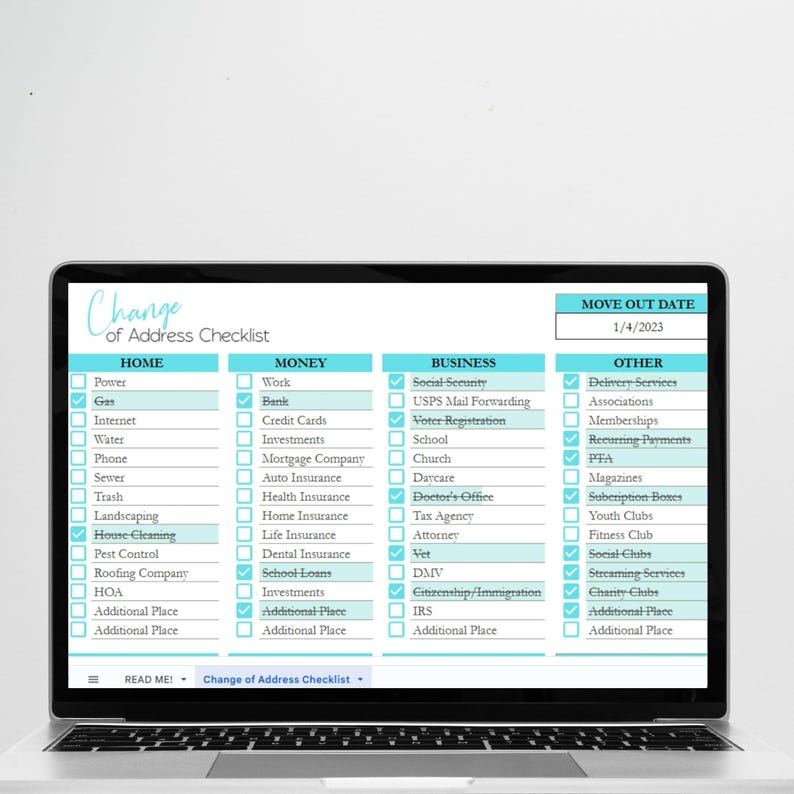 May include: A digital Change of Address Checklist displayed on a laptop screen. The document is organized into four columns labeled Home, Money, Business, and Other, with various items listed under each category and several checkboxes marked.