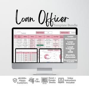 Puede incluir: Un paquete de plantillas digitales para agentes de préstamos en un monitor de computadora, que muestra una hoja de cálculo de seguimiento de préstamos con encabezados rosas, lista de verificación, seguimiento de clientes, CRM y calendario.