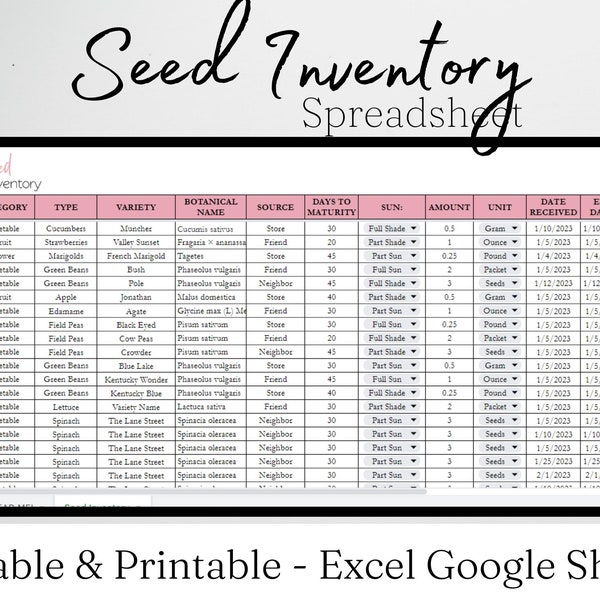 Seed Inventory Tracker, Garden Seeds Organization, Seed Starting, Seed Packets, Plant Seeds, Plants Excel Spreadsheet Google Sheets Editable