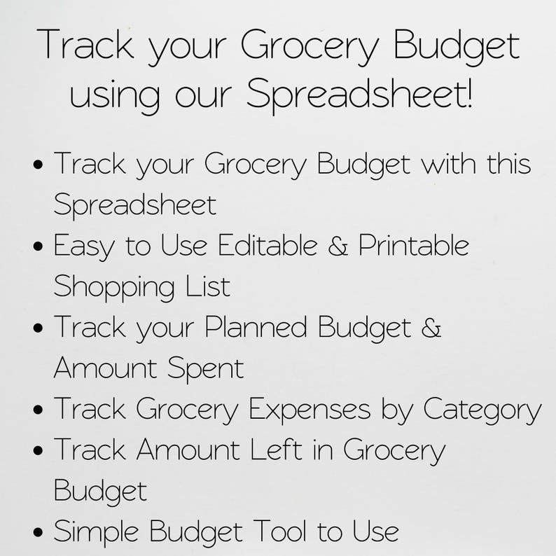 May include: White background with black text promoting a grocery budget spreadsheet. The text reads: "Track your Grocery Budget using our Spreadsheet!" and lists features like tracking expenses, planned budget, and amount spent.