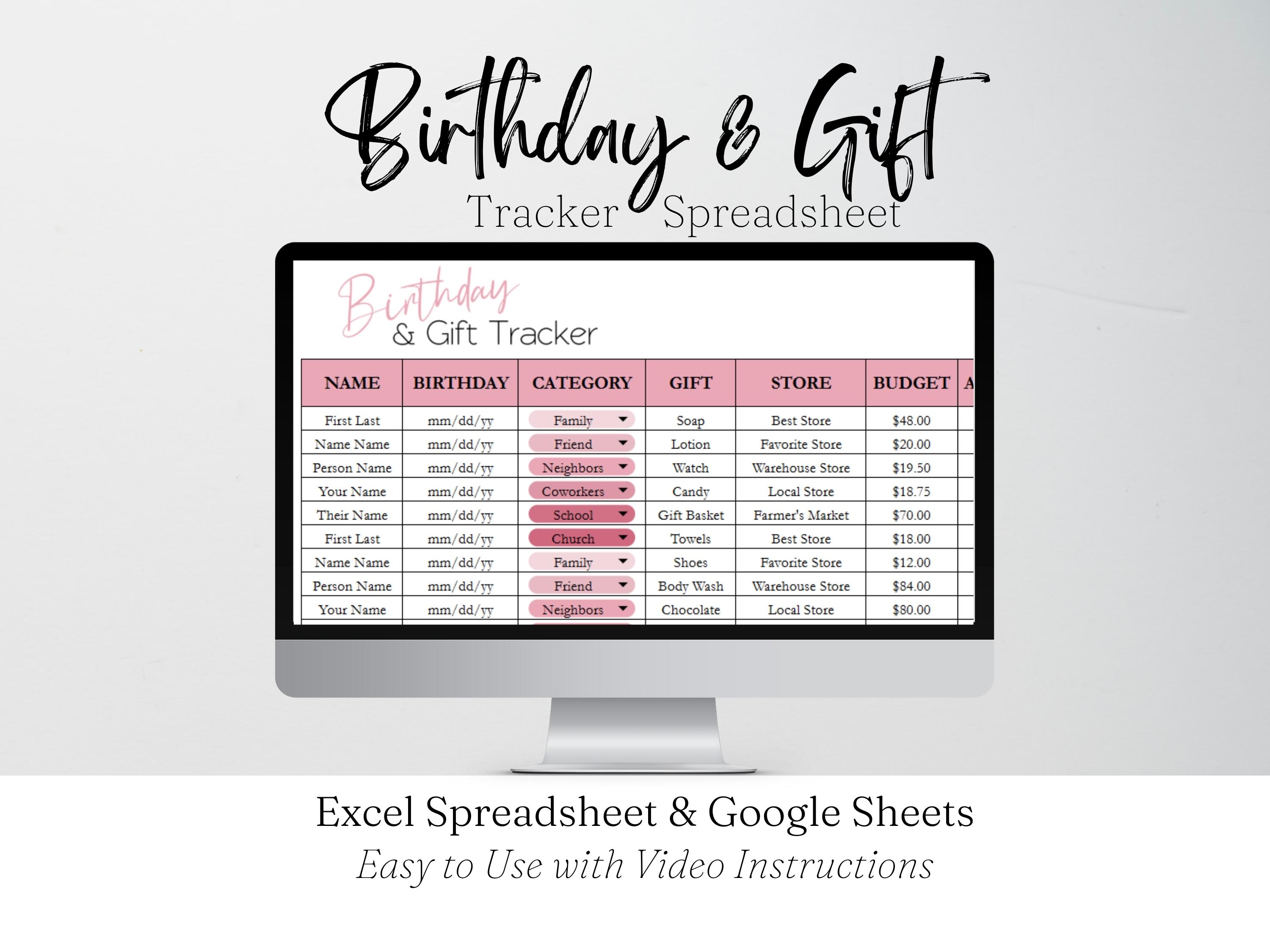 Excel Birthday List Example Birthday Tracker Spreadsheet | Birthday Gift Tracker | Excel & Google ...