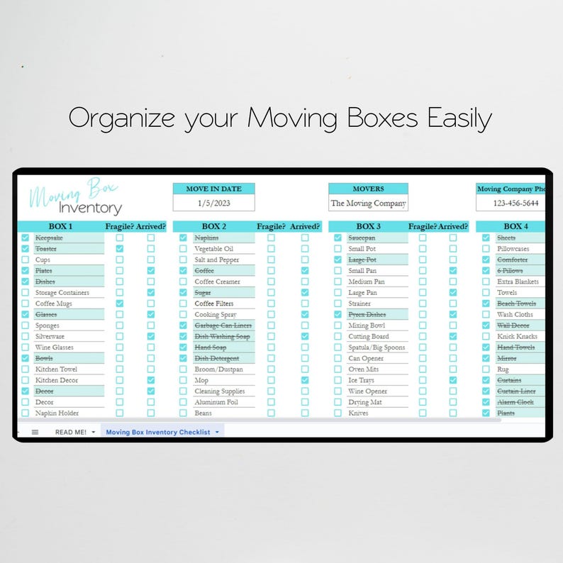 Moving Box Template Google Sheets, Moving Box Contents List, Storage ...