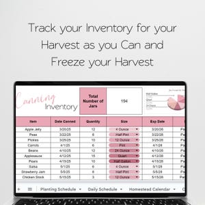 May include: A pink and white spreadsheet on a laptop screen titled "Canning Inventory". The spreadsheet tracks the date canned, quantity, size, and expiry date of various canned goods, including apple jelly, peas, pickles, carrots, beans, applesauce, pears, salsa, strawberry jam, and chicken stock. The total number of jars is 194.