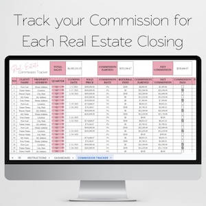 May include: A computer monitor displaying a digital real estate commission tracker spreadsheet. The interface features pink headers and columns for client names, property addresses, closing dates, sold prices, commission rates, and net earnings.