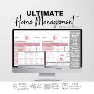 May include: A digital home management template bundle displayed on a computer screen. The interface features pink and white tables for tasks, budgets, and planning. Text includes Ultimate Home Management Template Bundle, To Do List, and more.