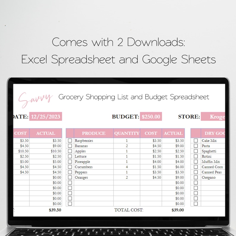 May include: A laptop screen displaying a grocery shopping list and budget spreadsheet template. The spreadsheet is titled "Savvy Grocery Shopping List and Budget Spreadsheet" and includes columns for cost, actual, produce, quantity, cost, actual, and dry goods. The date is 12/25/2023, the budget is $250.00, and the store is Kroge.