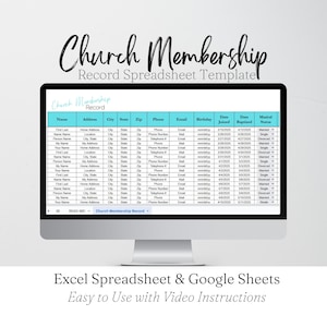 May include: A computer monitor displays a church membership record spreadsheet template. The spreadsheet has columns for name, address, city, zip, phone, email, birthday, date joined, date baptized, and marital status. The text "Church Membership Record Spreadsheet Template" is at the top.
