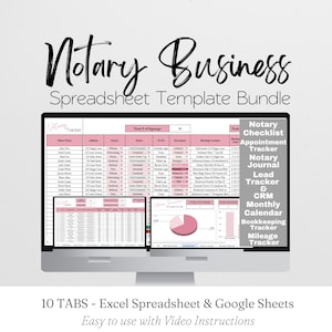 Notary Business Spreadsheet Template, Loan Signing Agent Business Planner Google Sheets, Appointment Tracker, Bookkeeping Template, Journal