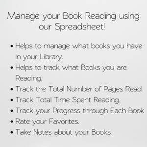 May include: A white background with black text that reads "Manage your Book Reading using our Spreadsheet!" and bullet points listing features like tracking books, pages read, and reading time.