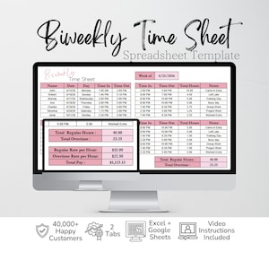 Mall för tidrapport varannan vecka, arbetslogg för regelbundna timmar och övertidsspårning, personaltidkort, stämpelklocka i Google Sheets och Excel-kalkylblad