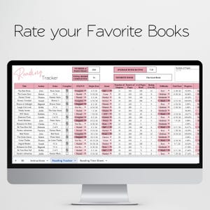 May include: A digital reading tracker displayed on a computer screen. The spreadsheet-style document includes columns for book titles, authors, series, completion status, and ratings. The text "Rate your Favorite Books" is at the top.