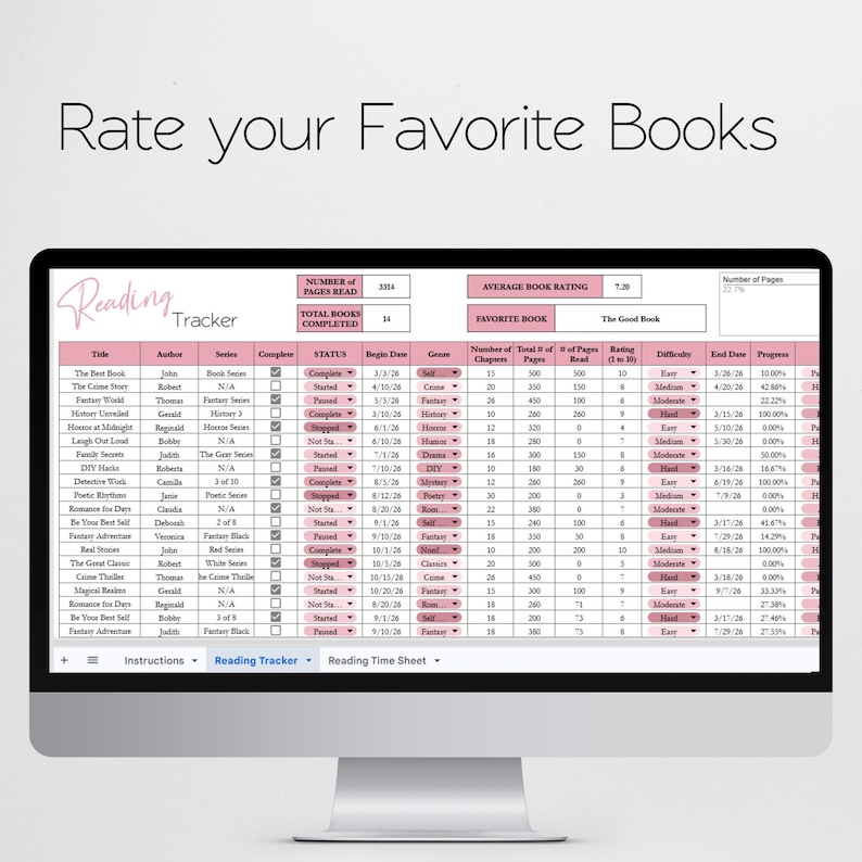 May include: A digital reading tracker displayed on a computer screen. The spreadsheet-style document includes columns for book titles, authors, series, completion status, and ratings. The text "Rate your Favorite Books" is at the top.