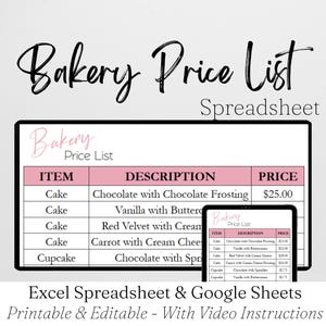 Bäckerei Preisliste Vorlage, Kuchenkarte Vorlage, Cupcake Business Preisliste, bearbeitbarer Preisführer, Cookie Preisblatt Vorlage Google Sheets