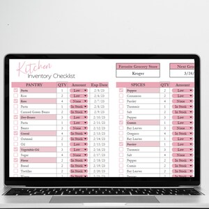 May include: A pink and white checklist for kitchen inventory with columns for quantity, amount, and expiration date. The checklist includes pantry items like pasta, rice, canned green beans, and spices like pepper, cinnamon, and parsley.