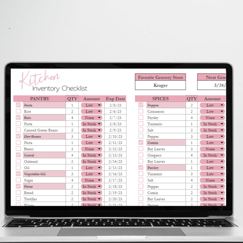 May include: A pink and white checklist for kitchen inventory with columns for quantity, amount, and expiration date. The checklist includes pantry items like pasta, rice, canned green beans, and spices like pepper, cinnamon, and parsley.