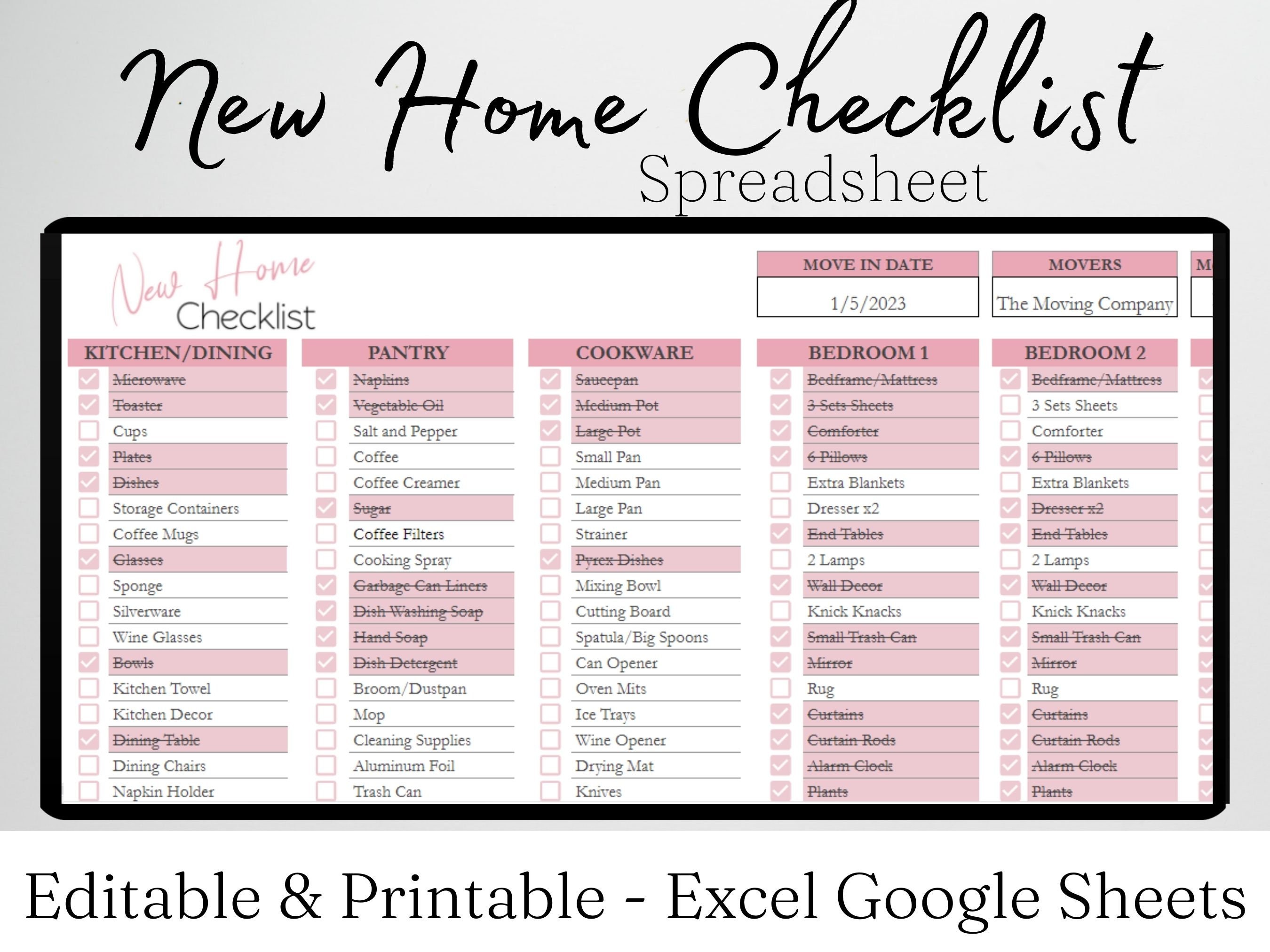 New Home Checklist Template Excel Spreadsheet, First Apartment List