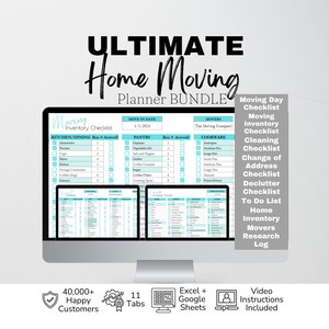 May include: A digital home moving planner bundle displayed on a computer screen, featuring a moving inventory checklist with columns for kitchen, pantry, and cookware items. The bundle includes checklists for moving day, cleaning, address changes, and decluttering.