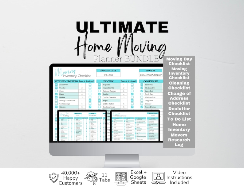 May include: A digital home moving planner bundle displayed on a computer screen, featuring a moving inventory checklist with columns for kitchen, pantry, and cookware items. The bundle includes checklists for moving day, cleaning, address changes, and decluttering.