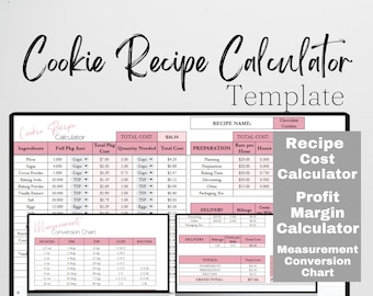 Cookie Business Recipe Calculator, Cookies Recipe Cost Template, Baking Business, Recipe Spreadsheet, Profit Calculator, Recipe Spreadsheet