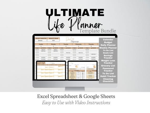 Life Planner Digital Template Google Sheets, Digital Life Planner, Life Balance, Daily Planner Excel Spreadsheet, Editable Planner Template
