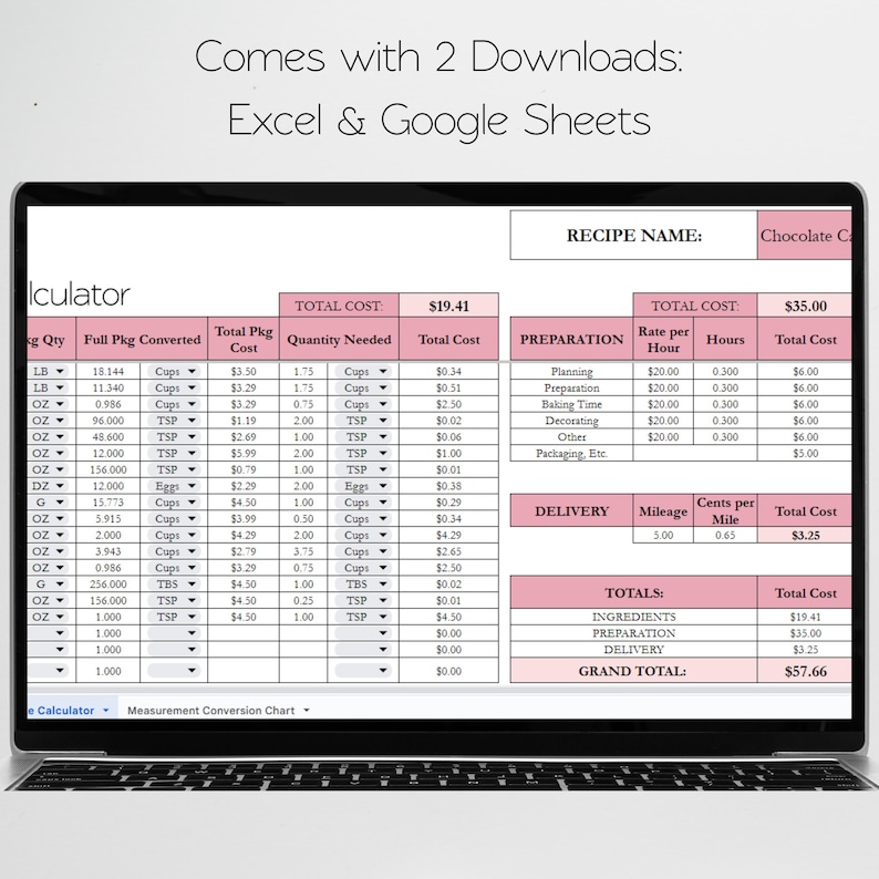 May include: A digital spreadsheet displayed on a laptop screen titled Recipe Calculator, featuring columns for ingredient quantities, conversion units, and costs. The interface includes sections for preparation and delivery expenses, with a grand total of $57.66.