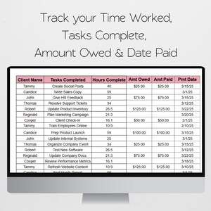 May include: A computer monitor displays a spreadsheet with the text "Track your Time Worked, Tasks Complete, Amount Owed & Date Paid." The spreadsheet lists client names, tasks, hours, amounts owed and paid, and payment dates.