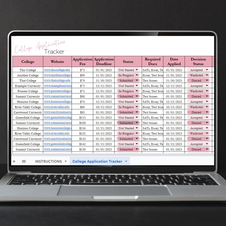 May include: A laptop screen displaying a College Application Tracker spreadsheet with columns for college name, website, application fee, deadline, status, required documents, date applied, and decision status, featuring pink header rows.