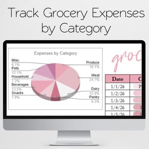 May include: A computer monitor displays a pie chart breaking down grocery expenses by category. The chart is in shades of pink and shows percentages for produce, meat, dairy, and other categories. Text at the top reads "Track Grocery Expenses by Category."