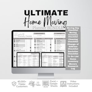 May include: A digital home moving planner bundle displayed on a computer monitor, featuring a moving inventory checklist with columns for kitchen, pantry, and cookware items. The bundle includes checklists for moving day, cleaning, and address changes.