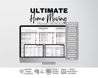 May include: A digital home moving planner bundle displayed on a computer monitor, featuring a moving inventory checklist with columns for kitchen, pantry, and cookware items. The bundle includes checklists for moving day, cleaning, and address changes.