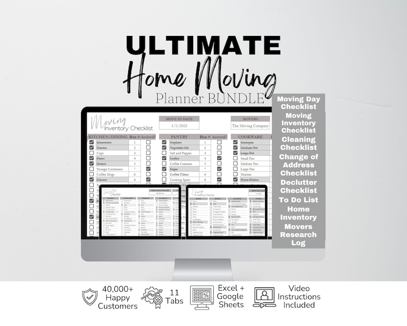 May include: A digital home moving planner bundle displayed on a computer monitor, featuring a moving inventory checklist with columns for kitchen, pantry, and cookware items. The bundle includes checklists for moving day, cleaning, and address changes.
