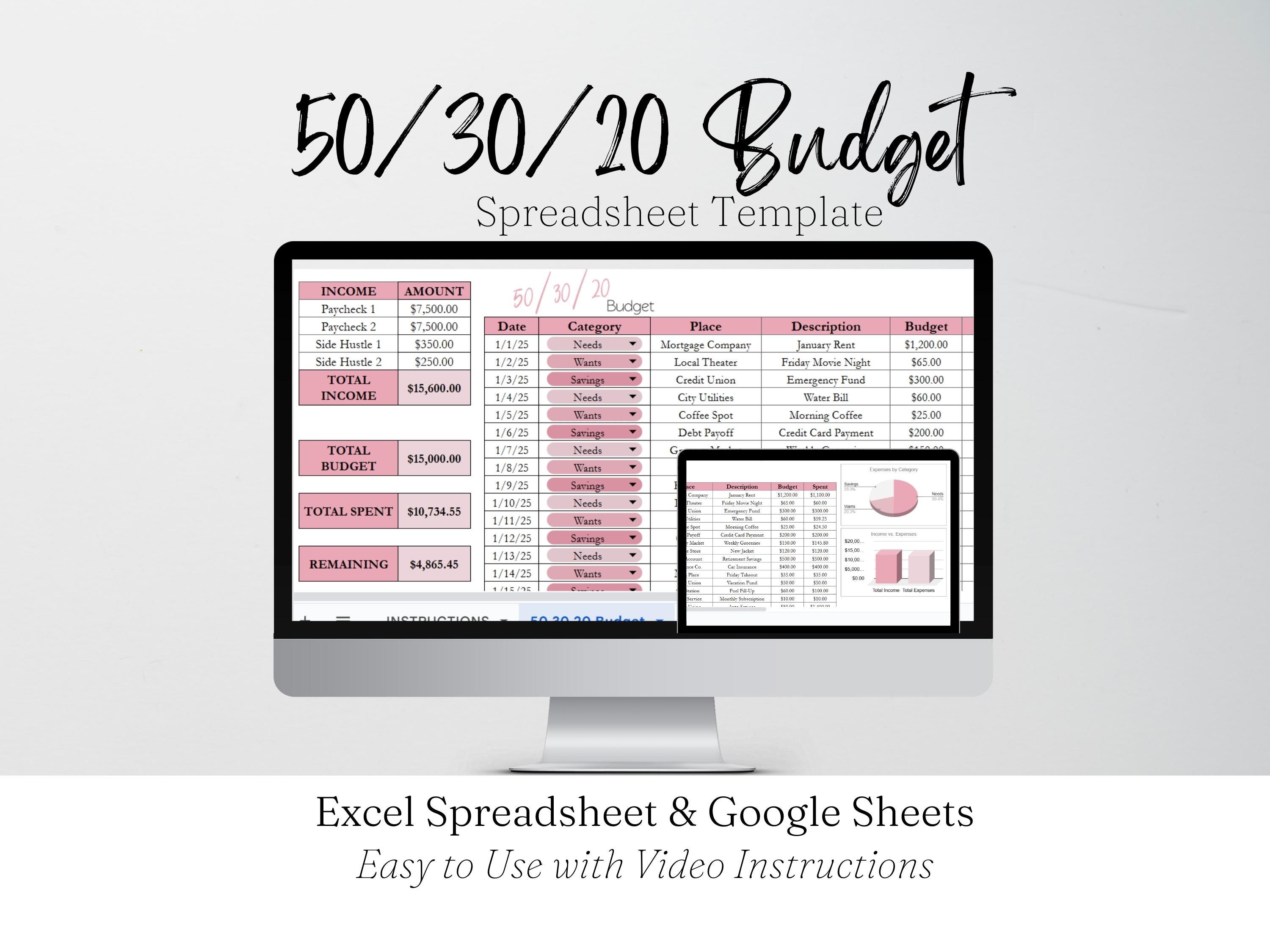 50 30 20 Monthly Budget Excel Spreadsheet and Google Sheets, Personal ...