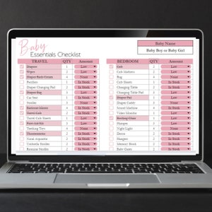 May include: A checklist on a laptop screen for baby essentials, divided into two sections: Travel and Bedroom. Each section lists items with checkboxes, quantities, and an amount column. The amount column has options for "Low", "In Stock", and "None".