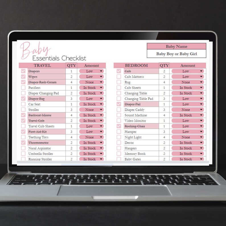 May include: A checklist on a laptop screen for baby essentials, divided into two sections: Travel and Bedroom. Each section lists items with checkboxes, quantities, and an amount column. The amount column has options for "Low", "In Stock", and "None".
