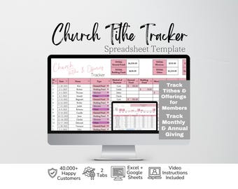 Könnte beinhalten: Eine digitale Church Tithe Tracker Tabellenvorlage auf einem Computermonitor. Die Benutzeroberfläche zeigt rosa und weiße Spalten zur Nachverfolgung von Daten, Namen, Zahlungsmethoden und Fonds. Der Text umfasst Church Tithe Tracker, Spreadsheet Template und Track Tithes & Offerings for Members. Symbole zeigen 40.000+ zufriedene Kunden, 2 Registerkarten, Excel + Google Sheets Kompatibilität und enthaltene Videoanleitungen.