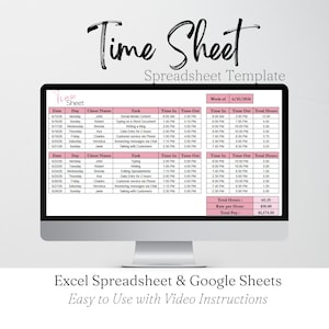 Könnte beinhalten: Ein Computermonitor zeigt eine rosa und weiße Tabellenvorlage mit der Bezeichnung "Time Sheet". Der Text "Excel Spreadsheet & Google Sheets" und "Easy to Use with Video Instructions" stehen darunter.