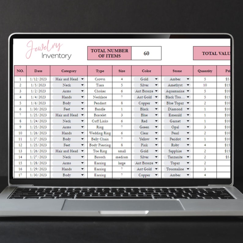 Smyckesinventering, planerare för smyckestillverkning, Excel-kalkylblad, logg, checklista för smyckesinventering, hem, smyckesföretag, Google Sheets bild 10